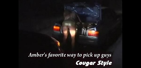  Roadside car fucking for this gorgeous blonde cougar whore with a shaved pussy  Amber Michaels